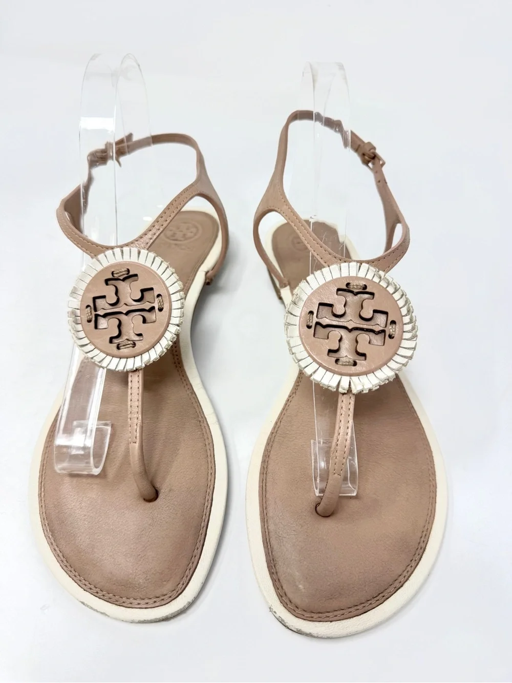 Tory Burch Miller Fringe Tan and Cream Flat Leather Sandals